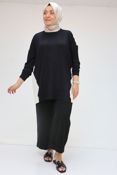 Eslina 58056 Large Size Combed Cotton Tunic with Solid Color Garnish on the Sides - Black