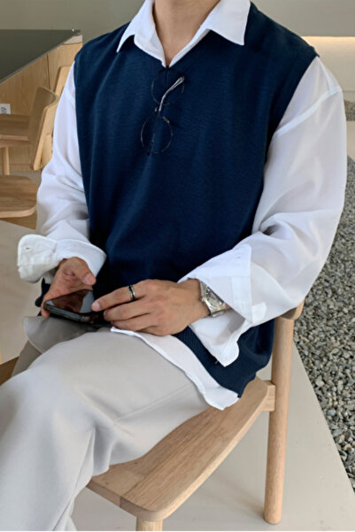 Tarz Cool Чоловічий синій светр з V-подібним вирізом Oversize