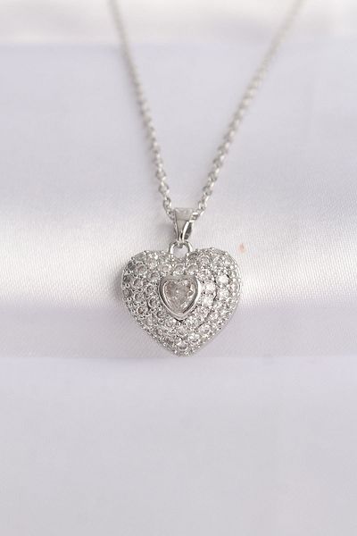Skygo Zircon Stone Silver Color Heart Necklace - 316L Steel Chain TJ-BKO8623