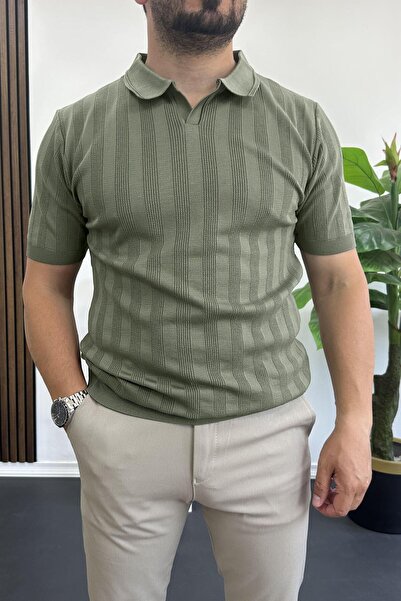 Edwox Ανδρικό μπλουζάκι με μοτίβο με ανοιχτό γιακά πράσινο Edw385