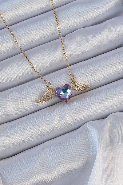 Skygo 316L Steel Chain Gold Color Blue Purple Zircon Stone Winged Heart Necklace - Tj-Bko9161