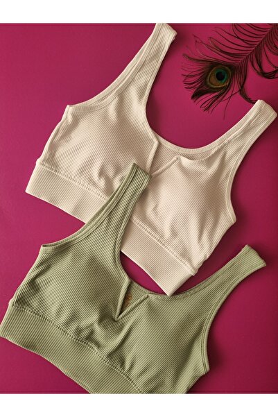 Demirsa Boutique Modelled, Ribbed 2 Pieces White and Green Color Removable and Attachable Padded Camisole Women's Bustier