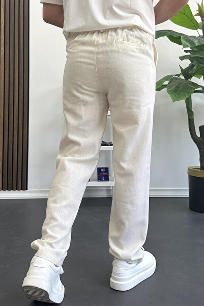 Edwox Men's Regular Fit Linen Trousers Off White Edw386