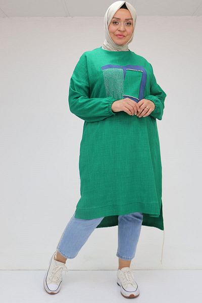 Eslina 58011 Large Size Linen Tunic with Tie Hem and Stone Detail on the Front - Beneton