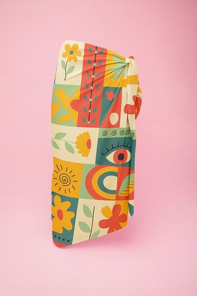 pistore Yellow Abstract Eye and Flower Pattern Long Pareo Satin Does Not Show Underwear Women's Beach Dress New Season