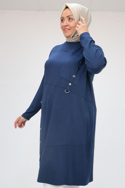 Eslina 58045 Large Size Combed Cotton Tunic with Fastening Button Detail - Navy Blue