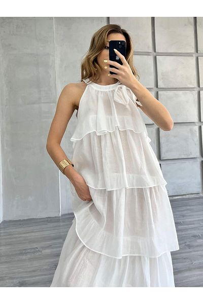 Coral Tie Collar Sleeveless Layered Dress Ecru
