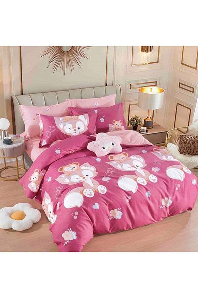 trendyhome Double Bed Linen with Elastic, Finet, 6 Pieces, Fox, Pink, J14840-ELASTIC