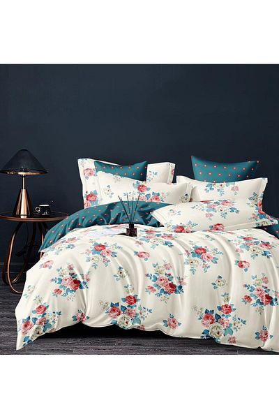 trendyhome Double Bed Linen with Elastic, Finet, 6 Pieces, Flowers, Green, J23428-ELASTIC