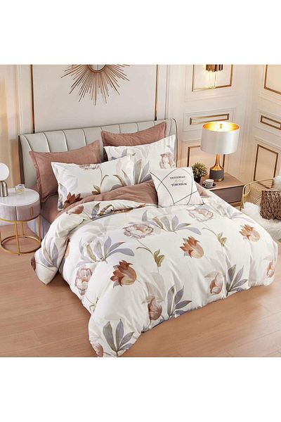 trendyhome Double Bed Linen with Elastic, Finet, 6 Pieces, Flowers, Brown/White, J14608-ELASTIC