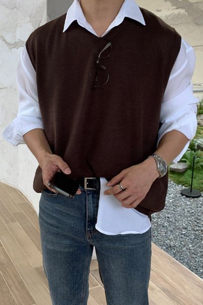 Tarz Cool Men's Brown V-Neck Oversize Sweater