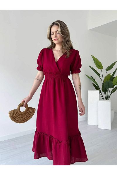 Dks Life Double Breasted Collar Waist Ruffled Long Muslin Linen Dress