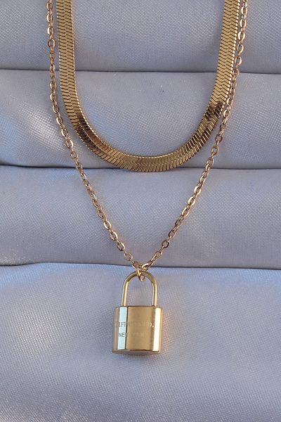 Skygo 316L Steel Gold Color Double Chain Lock Model Necklace - Tj-Bko8941