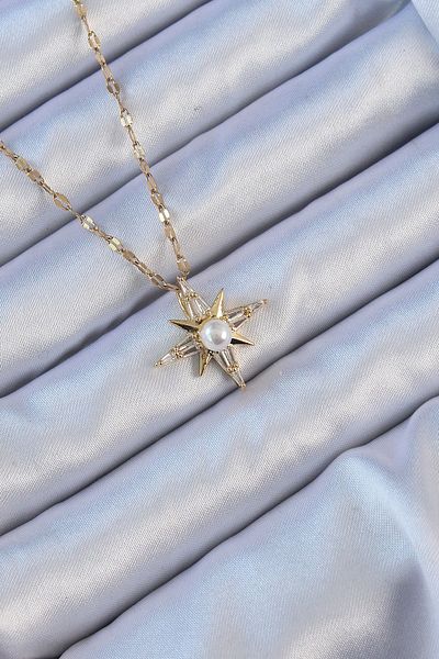 Skygo 316L Steel Chain and Pearl Detailed Baguette Jewelled Star Necklace - Tj-Bko9119