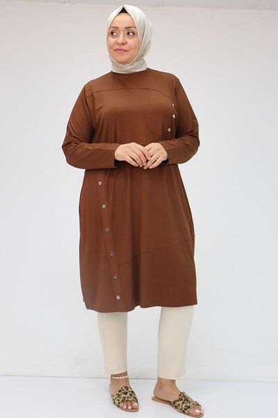 Eslina 58045 Large Size Combed Cotton Tunic with Fastening Button Detail - Brown