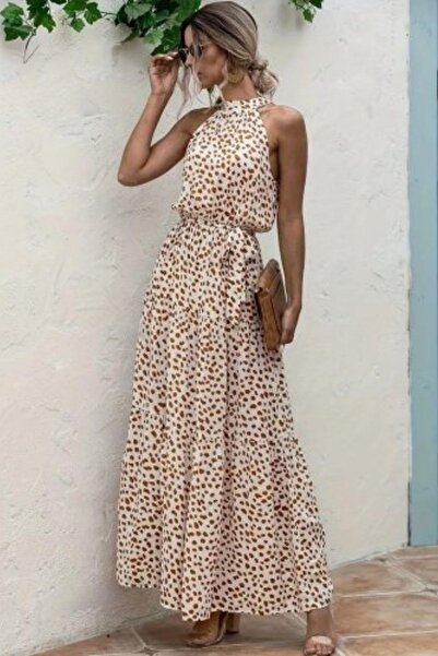 Mossta Φόρεμα με λαιμόκοψη και ελαστική μέση με σχέδια από μονό ύφασμα - Μπεζ