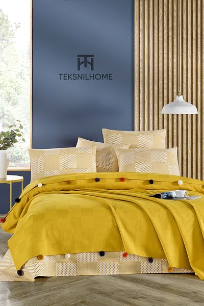 TeksNil Home 100% Cotton Mustard Pompom Pique Set 3 Pieces (Pique, Sheet, Pillow Case)