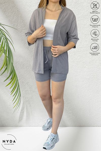 Nyda Collections Women's Wrinkle Fabric Summer Lycra Elastic Waist Shorts and Kimono Set