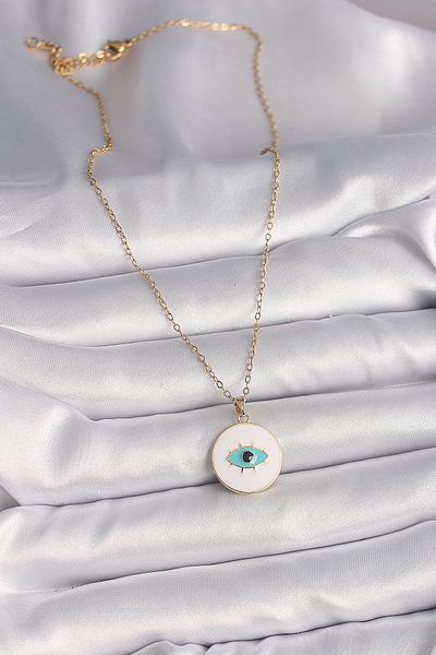 Skygo Gold Colored 316L Steel - White Enamel and Turquoise Eye Embroidered Women's Necklace - Tj-Bko9730