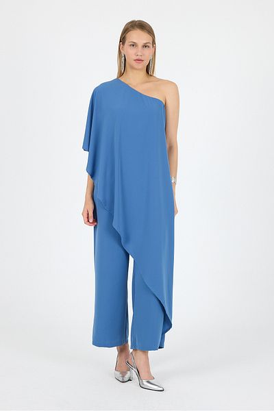 Laranor Blue One Shoulder Flywheel Fragmented Medina Silk Jumpsuit Day Night Elegance