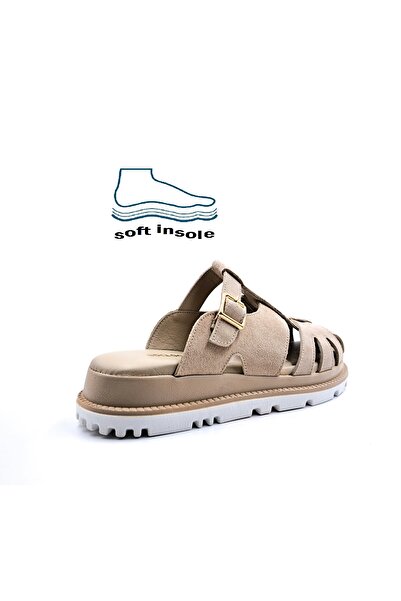 Bulldozer Γνήσιο δέρμα σουέτ μαλακή σόλα με κλειστή μύτη Γυναικείες παντόφλες Sabo σε μπεζ χρώμα