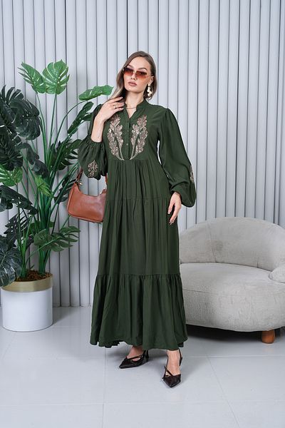 EL jadida Women's Sequin Embroidered Embroidered Plus Size Hijab Dress Khaki