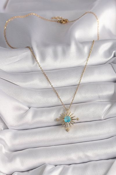 Skygo 316L Steel Gold Color Chain Blue Stone Detailed North Star Model Women's Necklace - Tj-Bko9806