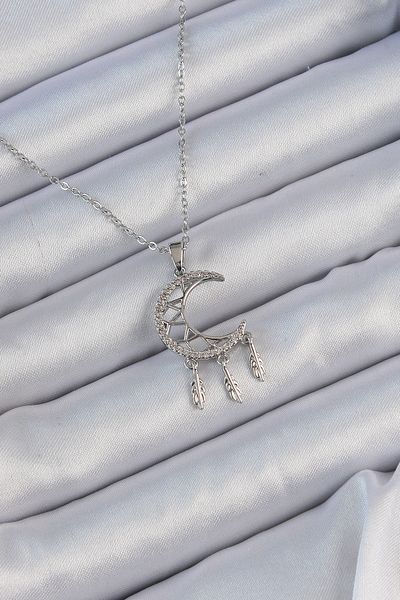 Skygo Silver Colored 316L Moon Necklace with Zircon Stones - Tj-Bko9172