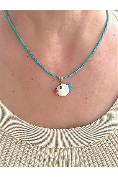 Quella Takı Lake Coating Turquoise Bead Fish Gold Necklaces
