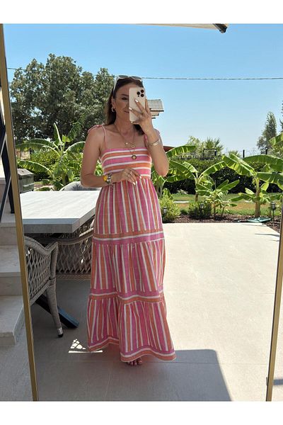 X-Young Strappy Striped Dress with Shoulder Ties Pink