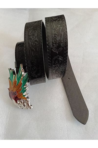 Butik Tülin Unisex Authentic Faux Leather Flower Print Black Silver Multicolor Enamel Haired Skull Cowboy Buckle Belt