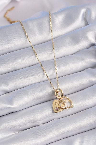 Skygo Gold Colored 316L Steel Zircon Stone Heart Figured Women's Necklace - Tj-Bko9310
