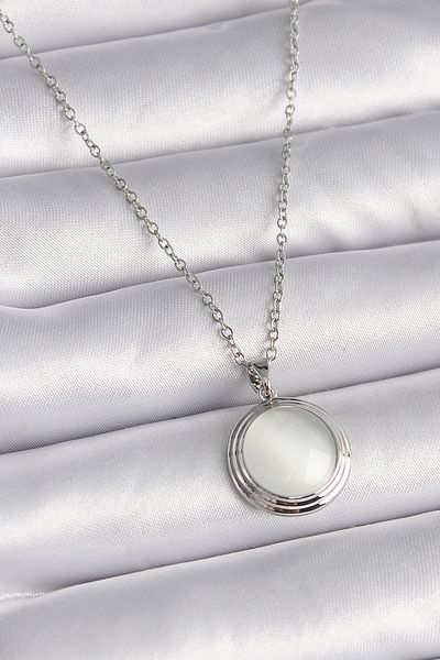Skygo White Pearlescent Circle Model Women's Necklace - 316L Silver Color Tj-Bko9426