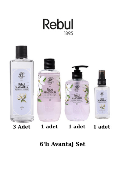 Rebul Magnolia 6’lı Set: 3x250ml Cam Şişeli Kolonya, 500ml Duş Jeli, 500ml Sı...