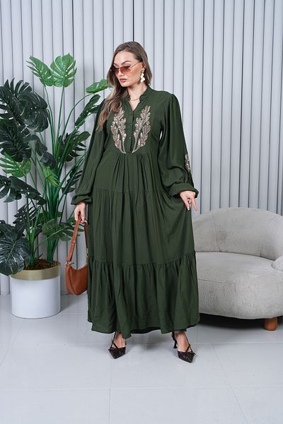 EL jadida Women's Sequin Embroidered Embroidered Plus Size Hijab Dress Khaki