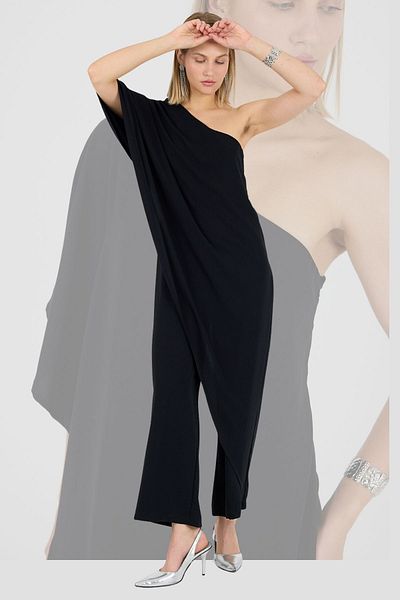 Laranor Black One Shoulder Flywheel Fragmented Medina Silk Jumpsuit Day Night Casual
