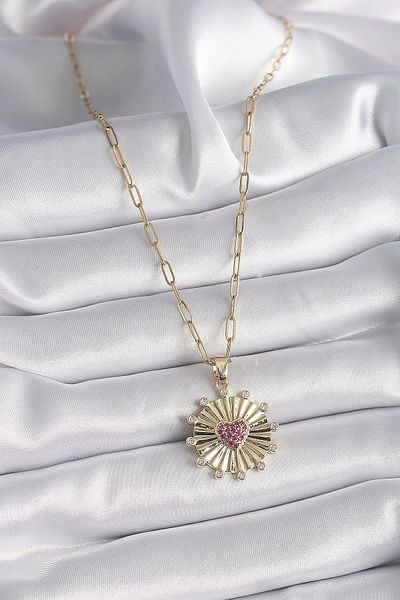 Skygo 316L Steel Gold Color Pink Zircon Stone Heart Embroidery Medallion Model Women's Necklace - Tj-Bko9534