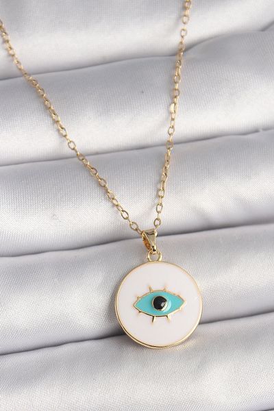 Skygo Gold Colored 316L Steel - White Enamel and Turquoise Eye Embroidered Women's Necklace - Tj-Bko9730