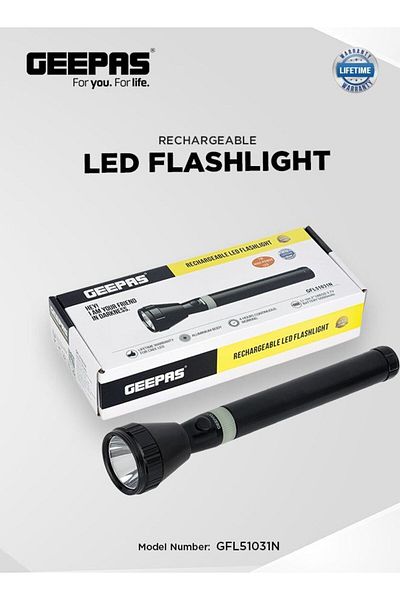 Geepas مصباح يدوي LED GFL51030N، مدى 1800 متر، 2SC، 2500 مللي أمبير/ساعة، أسود