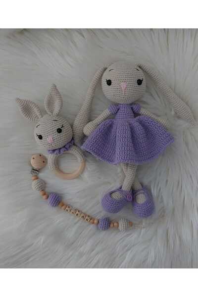 Zey's Amigurumi Amigurumi Uzun Kulak Tavşan Yenidoğan Set 3Lü Çıngırak, Emzik Zinciri Ve Uyku Arkadaşı
