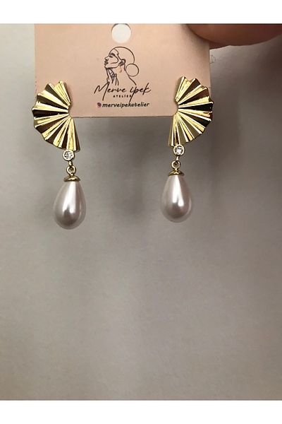 shop Gold Pearl Detail Fan Model Hanging Stainless Steel Shiny Earrings