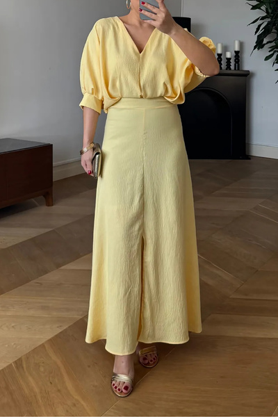 Neşeli Butik Sarı V-yaka likralı yazlık elbise NBMY3579