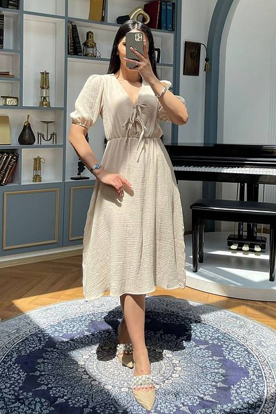 Neşeli Butik Women's Beige Muslin Fabric Summer Dress Nbmy3753
