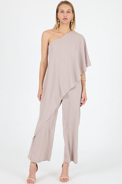 Laranor Ecru One Shoulder Flywheel Piece Medine Silk Jumpsuit Day Night Casual