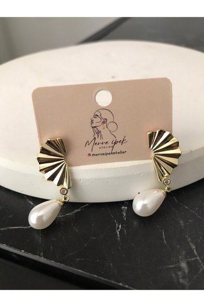 shop Gold Pearl Detail Fan Model Hanging Stainless Steel Shiny Earrings