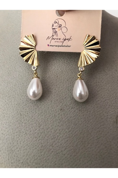 shop Gold Pearl Detail Fan Model Hanging Stainless Steel Shiny Earrings
