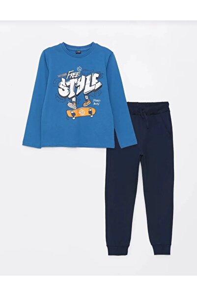 LC Waikiki Lcw Kids Blue Crew Neck Printed Long Sleeve Boys T-Shirt and Sweat...