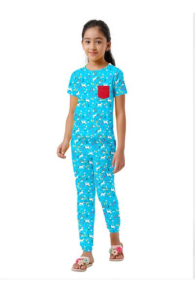 LAUREN SMITH Kids Cotton-Lycra Loungewear Set – Trendy Prints, T-Shirt & Pajama Bottoms with Pockets