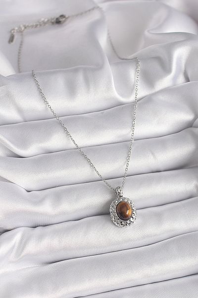 Skygo 316L Steel Silver Color Chain Amber Bead Model Women's Necklace - Tj-Bko9491