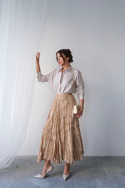 PİNK FLY Fusta maxi boemă pliată din satin lucios, importată, bej, pentru femei, cu talie înaltă, design elegant și confortabil